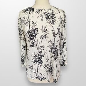 LOFT XL Crew Neck Pullover Sweater‎ Tunic Top Lightweight Cream Black Floral